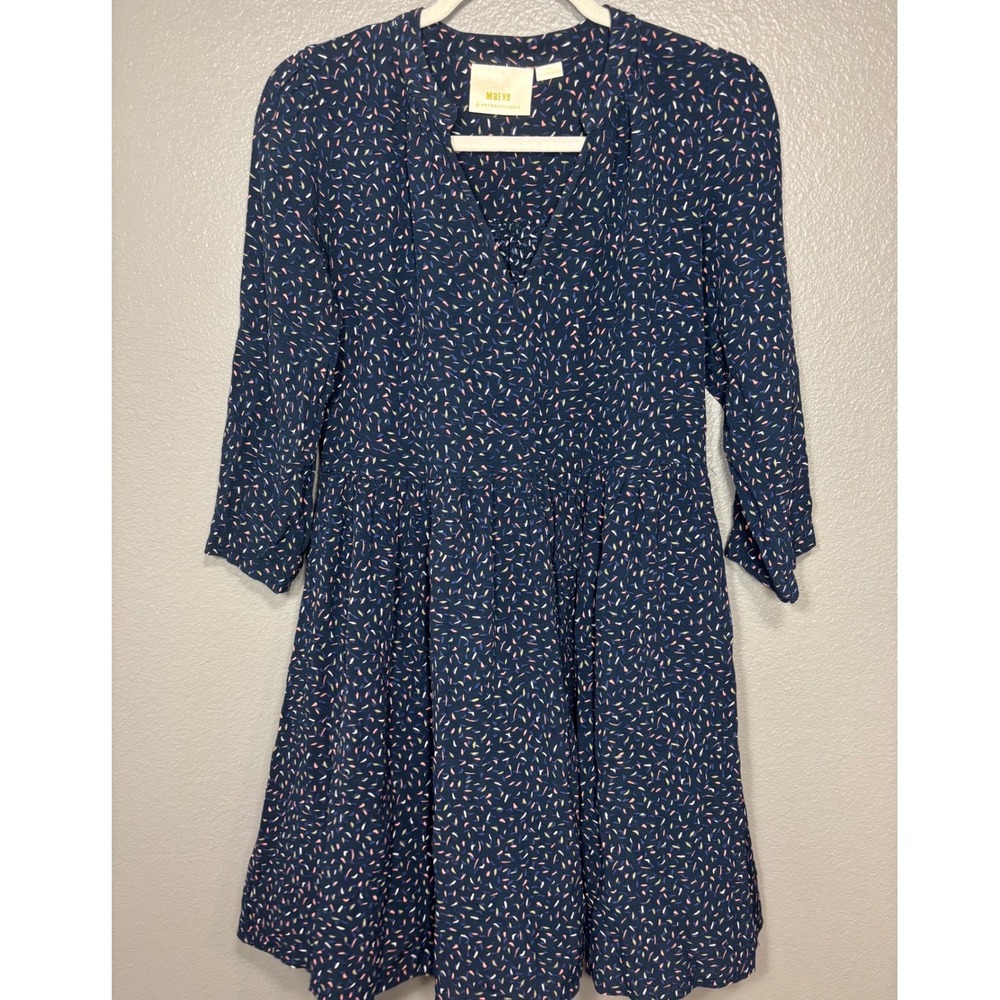 Maeve Anthropologie Navy Confetti Print V-Neck Fit & Flare Mini Dress Small